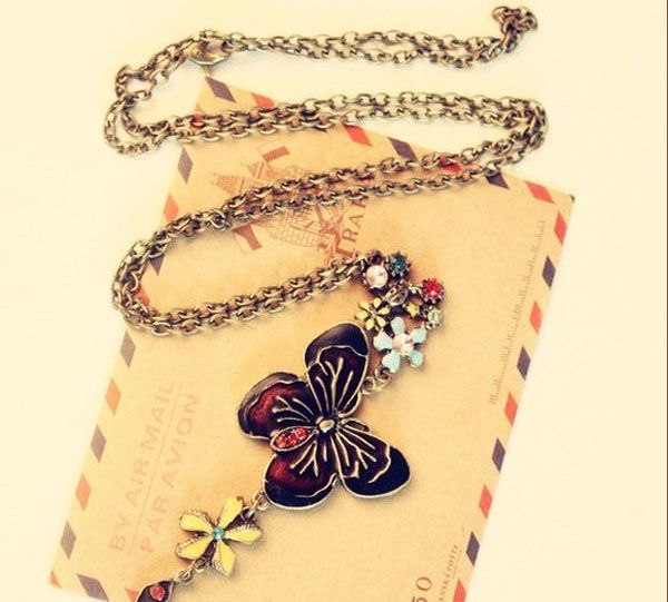 Retro Enamel Butterfly Over Colorful Flowers Vintage Necklace Coat 