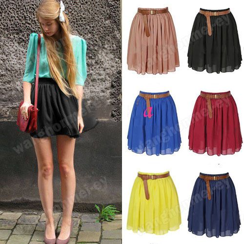 Retro high waist pleated double layer chiffon skirt Pompon skirts 