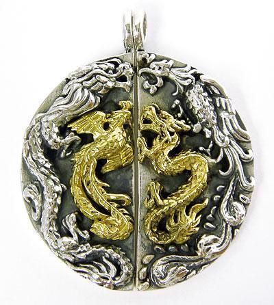 GOLD DRAGON & PHOENIX BIRD STERLING 925 SILVER PENDANT  