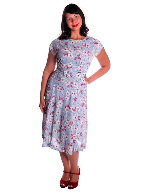 Vintage Pale Blue Rayon Print Dress 1940s App. Size 10 12  