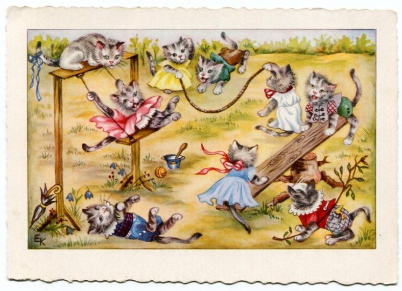 VINTAGE DRESSED CAT POSTCARD KITTENS AT PLAYGROUND 110611S  