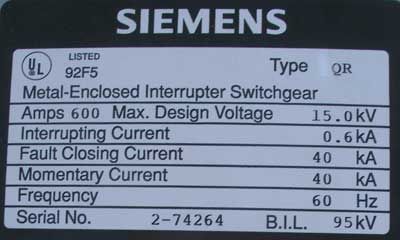 Siemens 600 Amp 15.0 KV Enclosed Interrupter Switch New Pullout