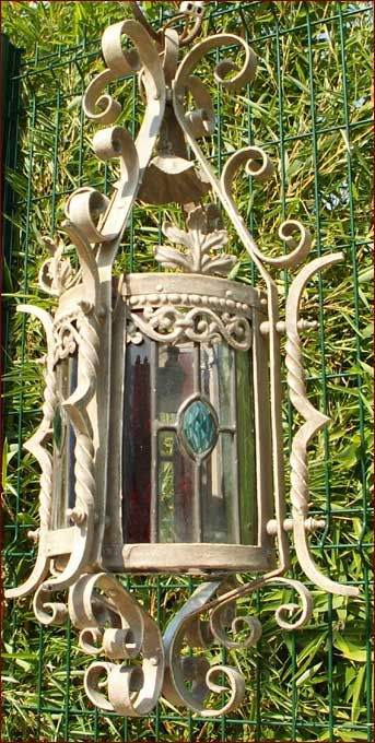 Antique French Gothic Wrought Iron Stained Glass Lantern 1880  