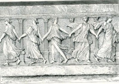 Dancing Girls Bas Relief Roman 1885 Antique Print  