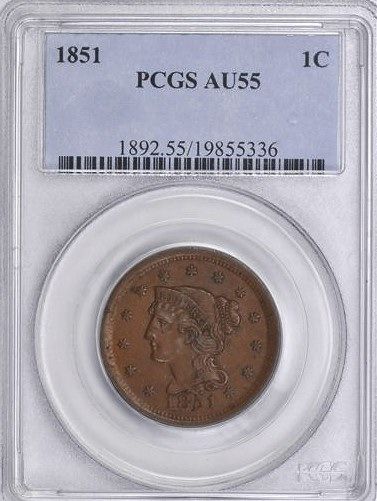 1851 CORONET LARGE CENT BRAIDED HAIR~ PCGS AU 58   