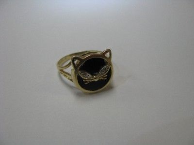 Onyx Cat Ring, 14K Yellow Gold, Diamond Eyes, TRU BRITE, Size 6.5 