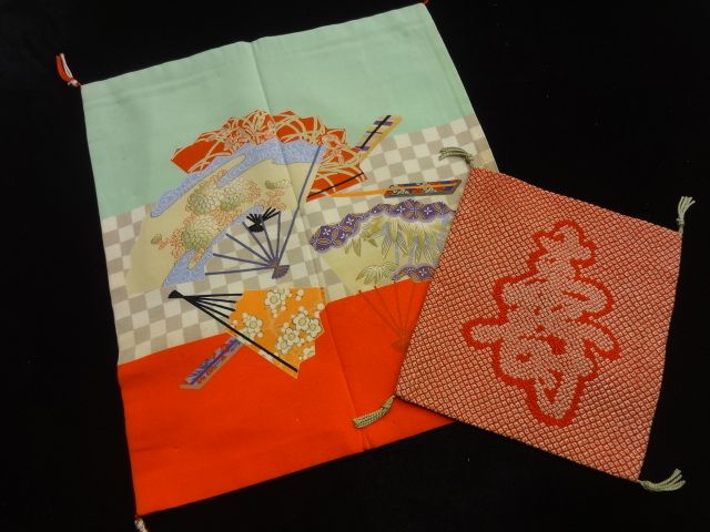 9782# Japanese KIMONO SILK / ANTIQUE FUKUSA TWO PIECES / YUZEN  