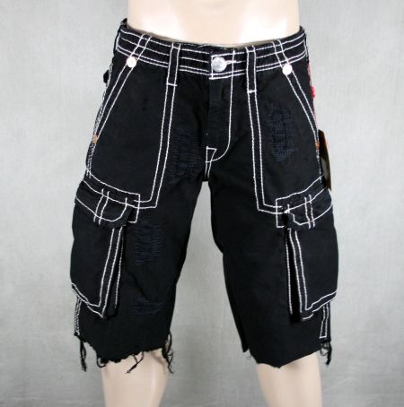 True Religion Jeans Mens Cargo Shorts BIG T w/ rips X7 Black 