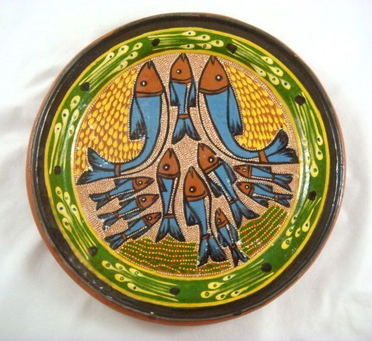 Vintage Mexican Folk Art Pottery Hand Painted Textured School Of Fish 