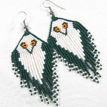 WHITE GREEN RED OWL BEADWORK EARRINGS WHOLESALE JEWELRY  