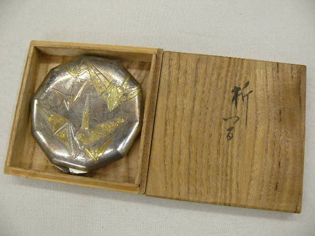 MEIJI Antique Sterling Silver Compact w/Cranes V421  