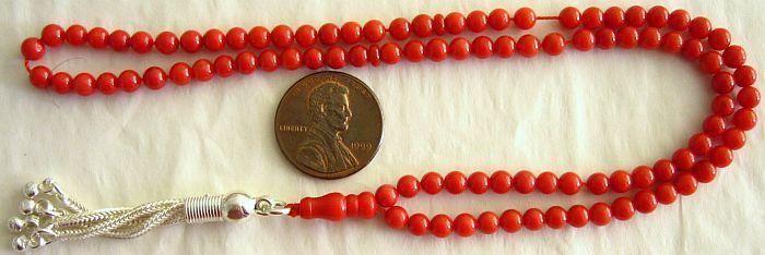 ISLAMIC PRAYER BEADS 99 OXBLOOD CORAL & STERLING   MINI  