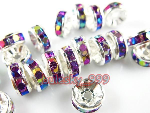 50pcs Silver Plated Acryl Crystal Spacer Rondelle Bead 8mm Dark Purple 