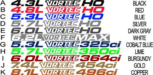 VORTEC HOOD DECALS ALL ENGINES 4.3 8.1/11COLOR CHOICES  