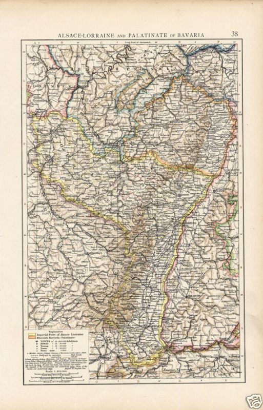 Antique 1900 Times Map of Alsace Lorraine & Palatinate  