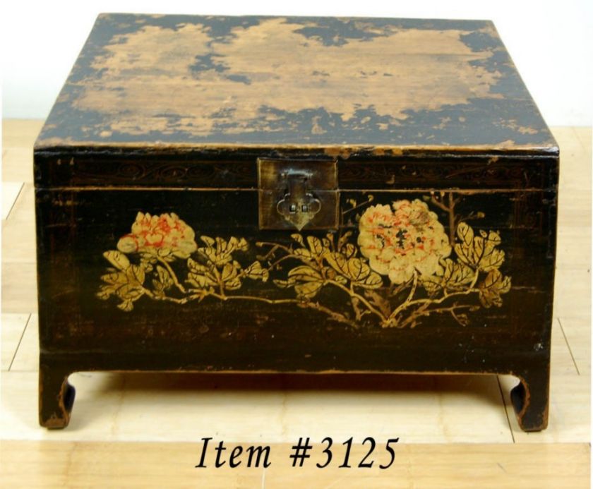 ANTIQUE BLACK PEONY BLOSSOM TRUNK Wood Hope Chest Memory Storage Box 