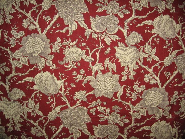   Burgundy R. Allen Floral 100% Linen Drapery Upholstery Fabric  