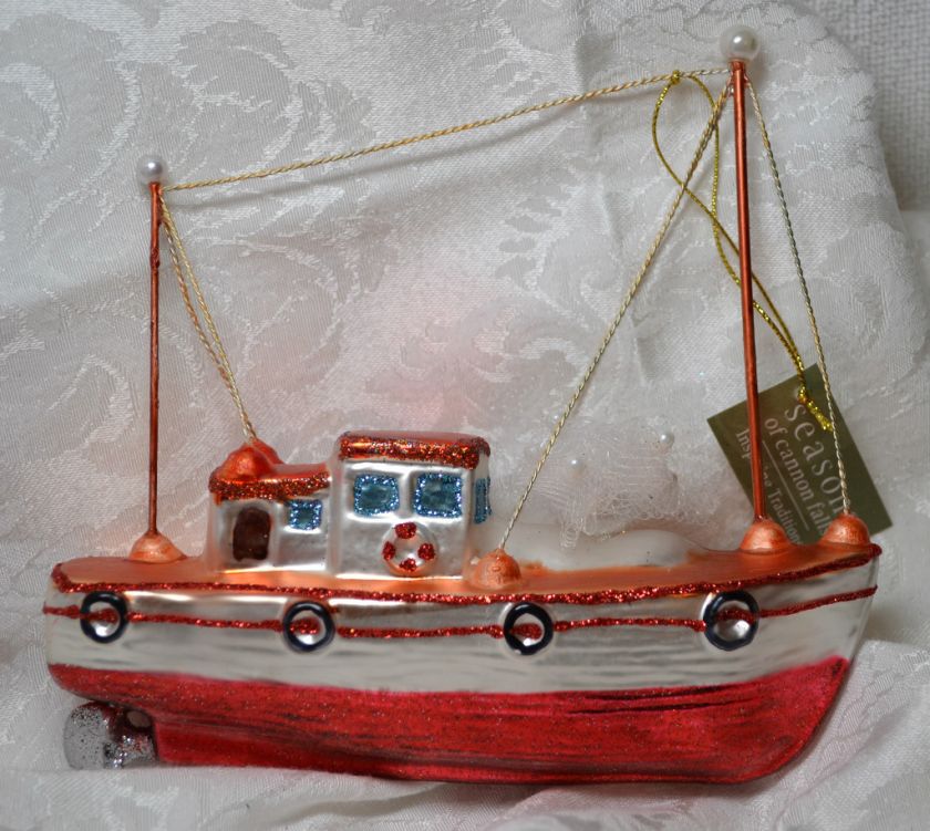 Tug or Fishing Ocean Boat Glass Christmas Ornament NEW  