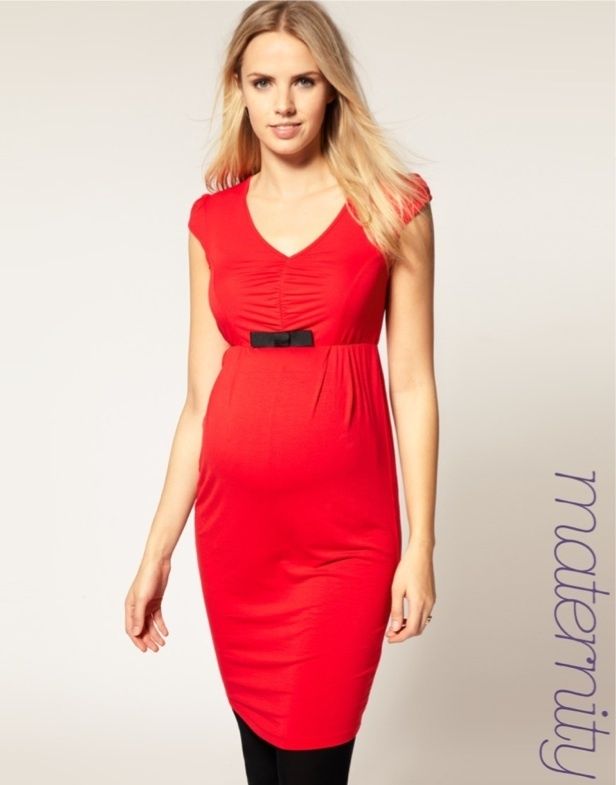 New Short Sleeve  MATERNITY Workwear Rouched Dress With Bow Red 8 