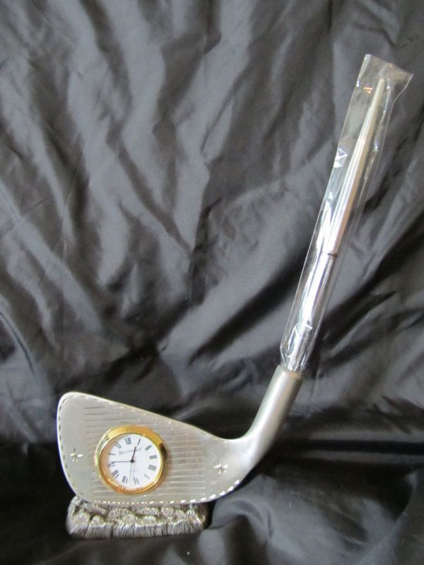 SPOONTIQUES PEWTER 9 GOLF CLUB CLOCK & PEN SET  