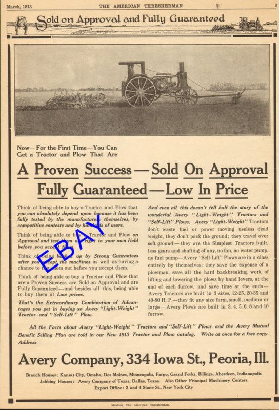   1913 AVERY LIGHT WEIGHT TRACTOR & SELF LIFT PLOW AD PEORIA IL  