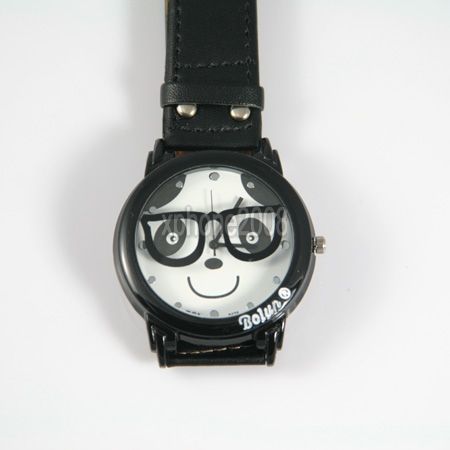 New Fashion Black Pair of Glasses Design Charm Panda Cuff Watch 