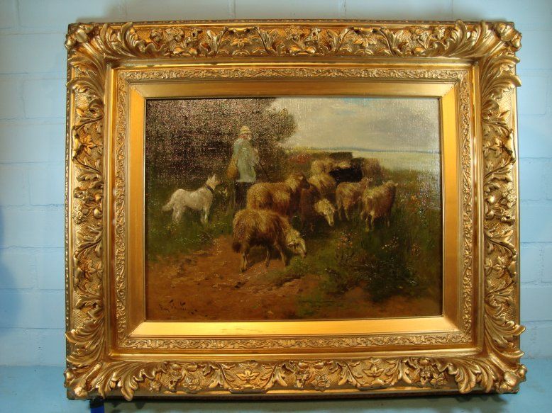 ONE OF A KIND ANTIQUE OIL PAINTING BELGIUM MASTER HENRI SCHOUTEN SHEEP 