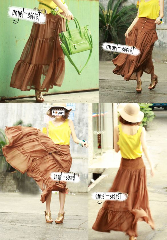 L46 womens long circle skirt chiffon brown HIGH WAISTED  