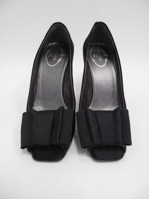 Prada Black Satin Peep Bow Ribbon Bow Heels 36  