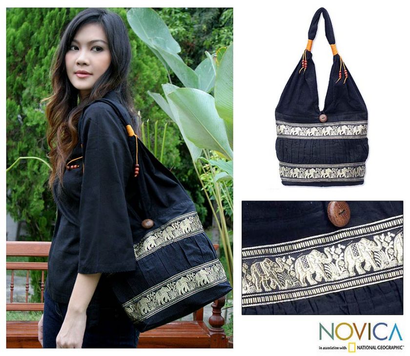 Thai Elephant Motif Lg Black Cotton Shoulder Bag Tote  