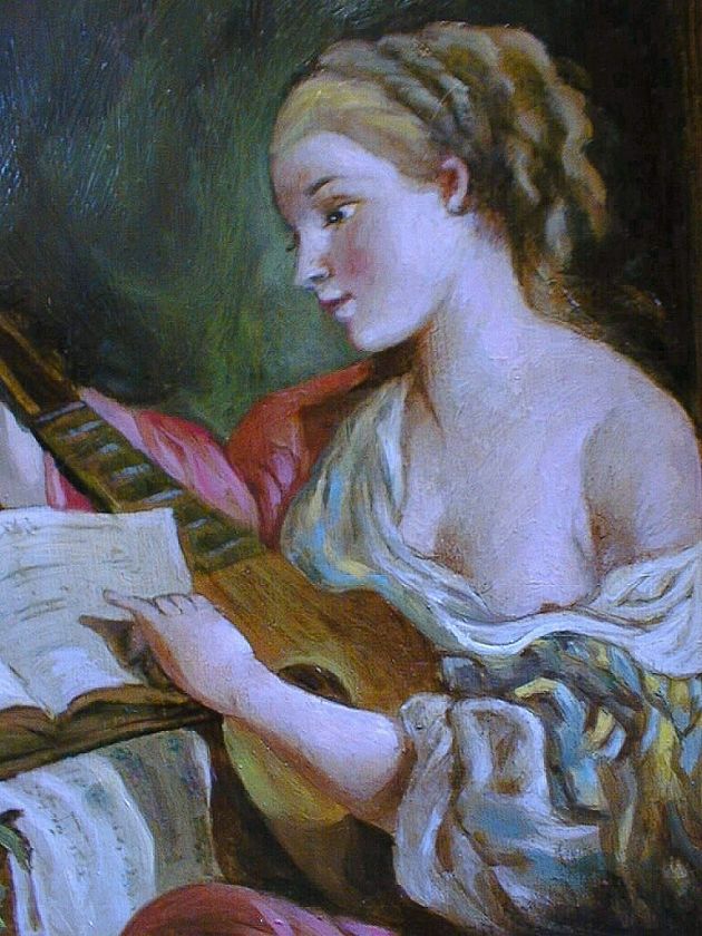 OIL PAINTING PAIR 2 HE LONGS FOR HER LUTE TROMPE lOEIL  