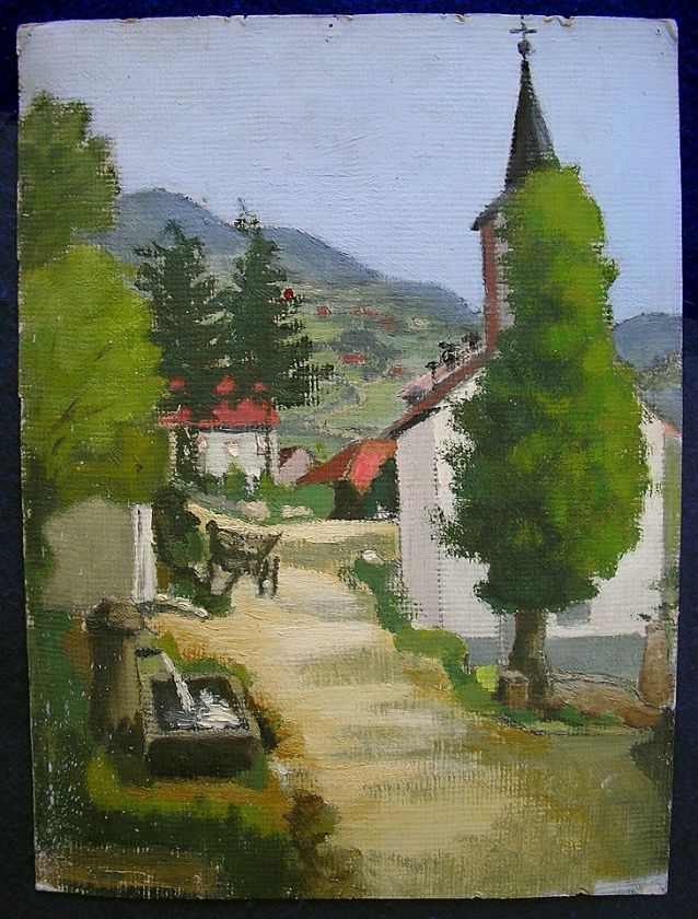 OIL PAINTING SWISS ALPS HILL TOWN CHURCH B. DUMAS 1935  