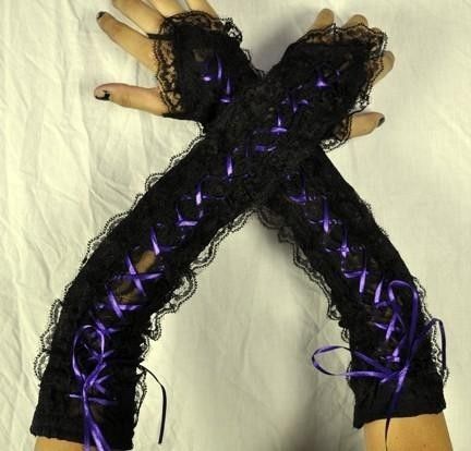 BLACK LACE & PURPLE GLOVES GOTH BURLESQUE COSTUME GLAM  