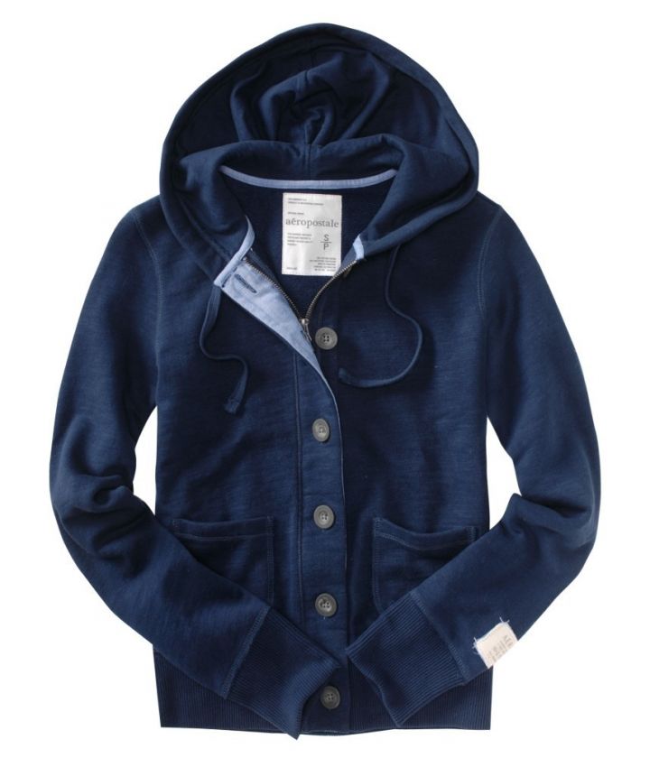 AEROPOSTALE Juniors NWT Slub Button Front Hoodie Sweatshirt Navy 