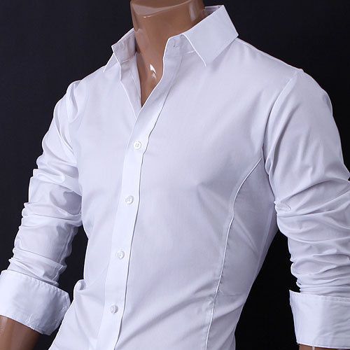 Premium White Slim Spandex Dress Tops Mens Shirts S 2XL  