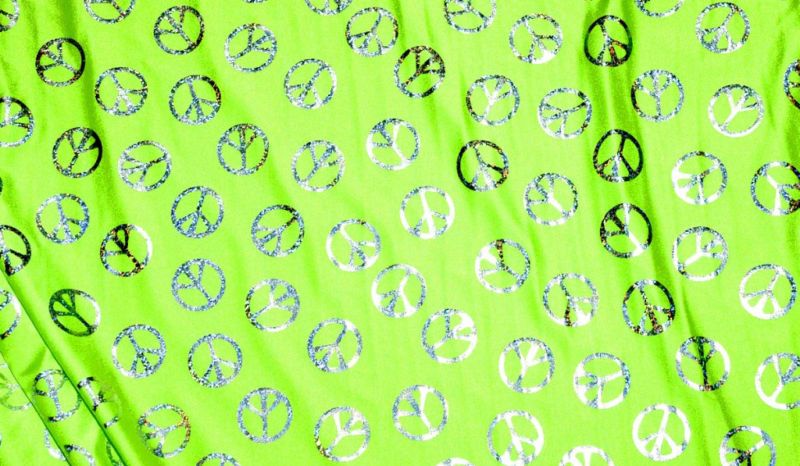 PEACE SIGN SPANDEX NEON GREEN SILVER FOIL DANCE FABRIC  