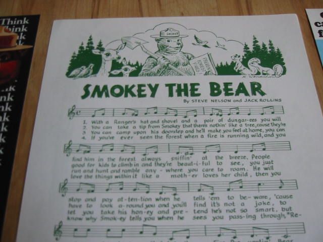 Old SMOKEY the BEAR Bookmarks & Pledge / Music Sheet  