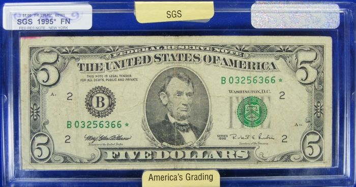 1995* $5 FEDERAL RESERVE STAR NOTE FINE   FR 1984B*   NEW YORK  