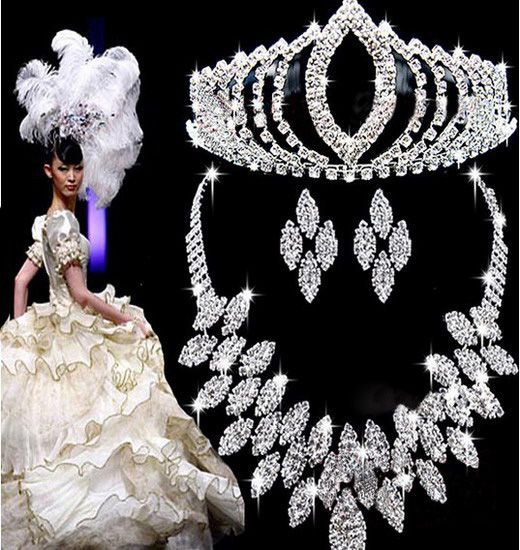   EP BRIDAL WEDDING GORGEOUS JEWELRY CROWN NECKLACE SET STUDS  