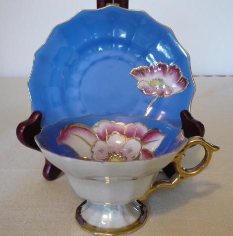   Turquoise & Flora Pearl Luster Gold Handle Tea Cup & Saucer  