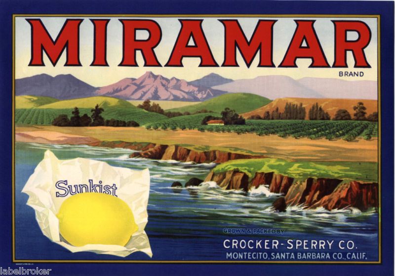 LEMON CRATE LABEL SANTA BARBARA MIRAMAR VINTAGE SURF  