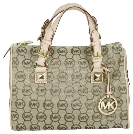 Michael Kors Grayson Medium Satchel Monogram Lurex Beige Gold Buff New 