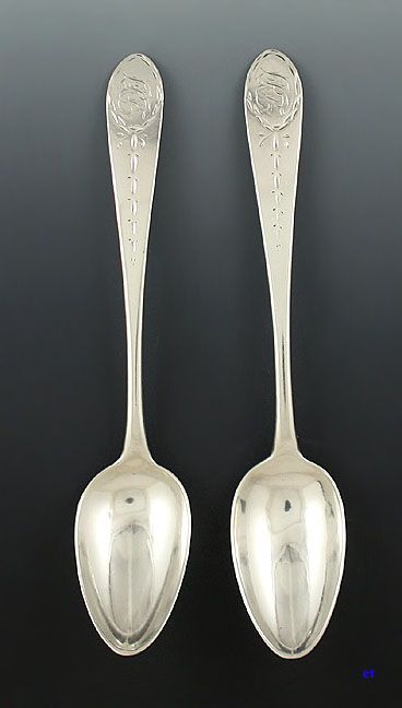 PAIR c1790 NEW YORK COIN SILVER BRIGHT CUT TEASPOONS J DUBOIS  