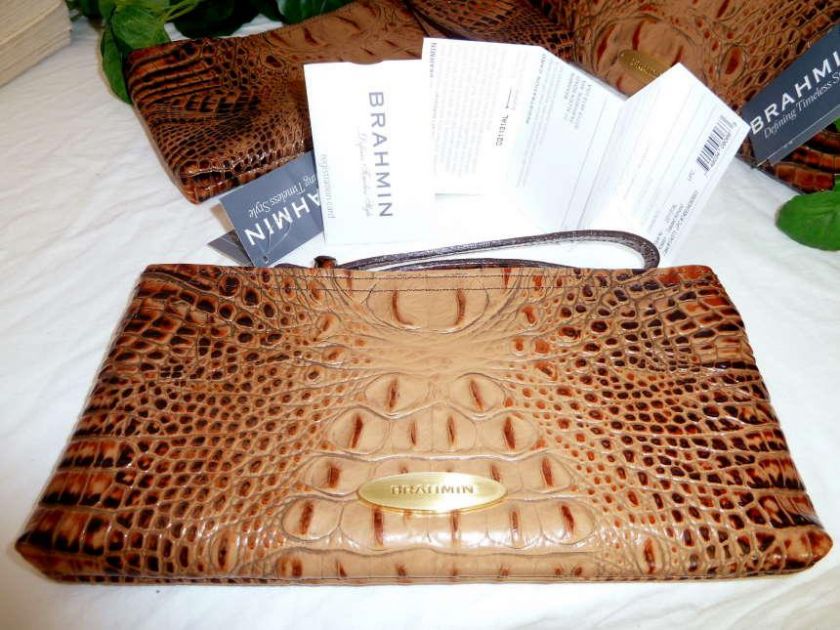 NWT BRAHMIN ROSALYN TOASTED ALMOND CROC LEATHER CLUTCH + REGISTRATION 