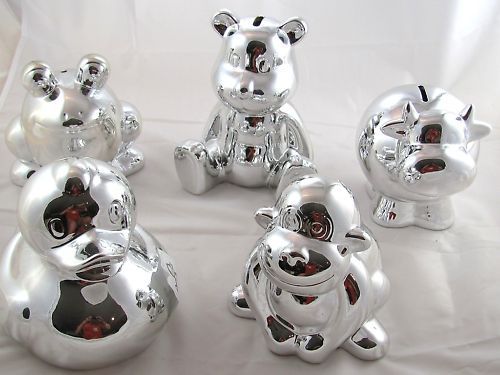 Present Time Silver Plated Ceramic Animal Money Bank  