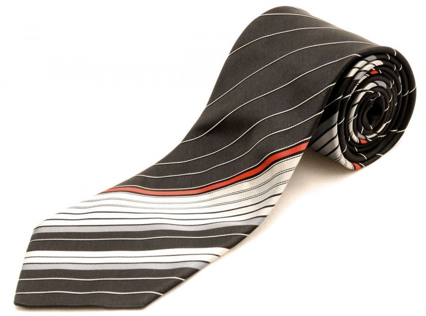 New HUBERT MILANO Black, Red, & Gray Striped Silk Neck Tie MSRP $175 
