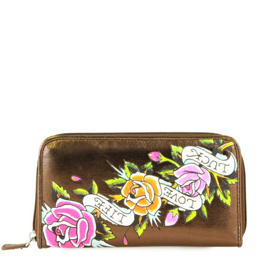 Ed Hardy Bronze Lucky In Love Zip Around Wallet  