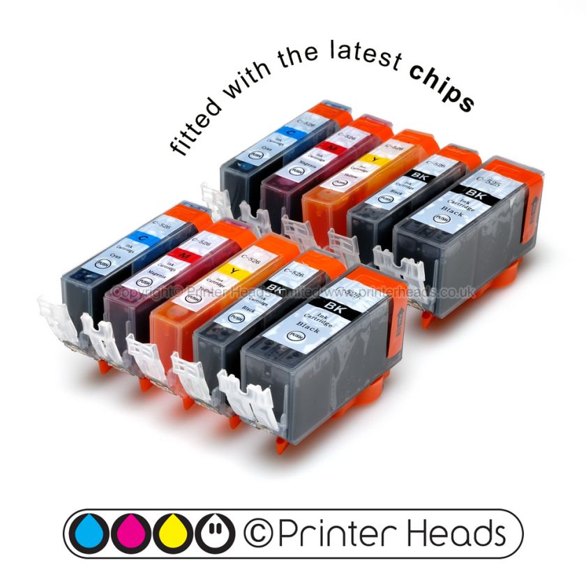 10x Canon CLI 526 / PGI 525 Compatible Printer Ink Cartridges [2 full 