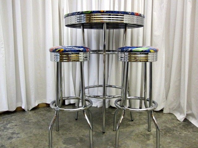 Retro Chrome Pub Table 2 Stools Classic Muscle Cars Top  