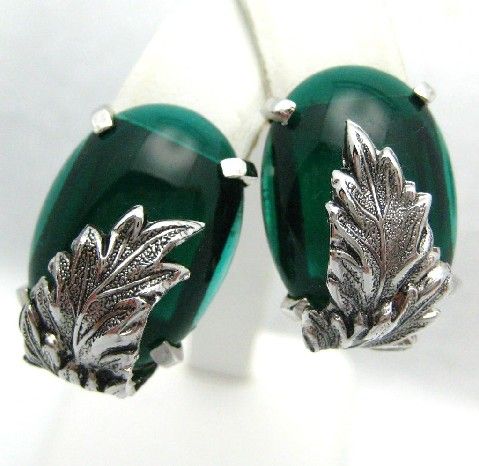 Vtg Whiting & Davis Green Thistle Brooch & Earrings Demi Parure Set 